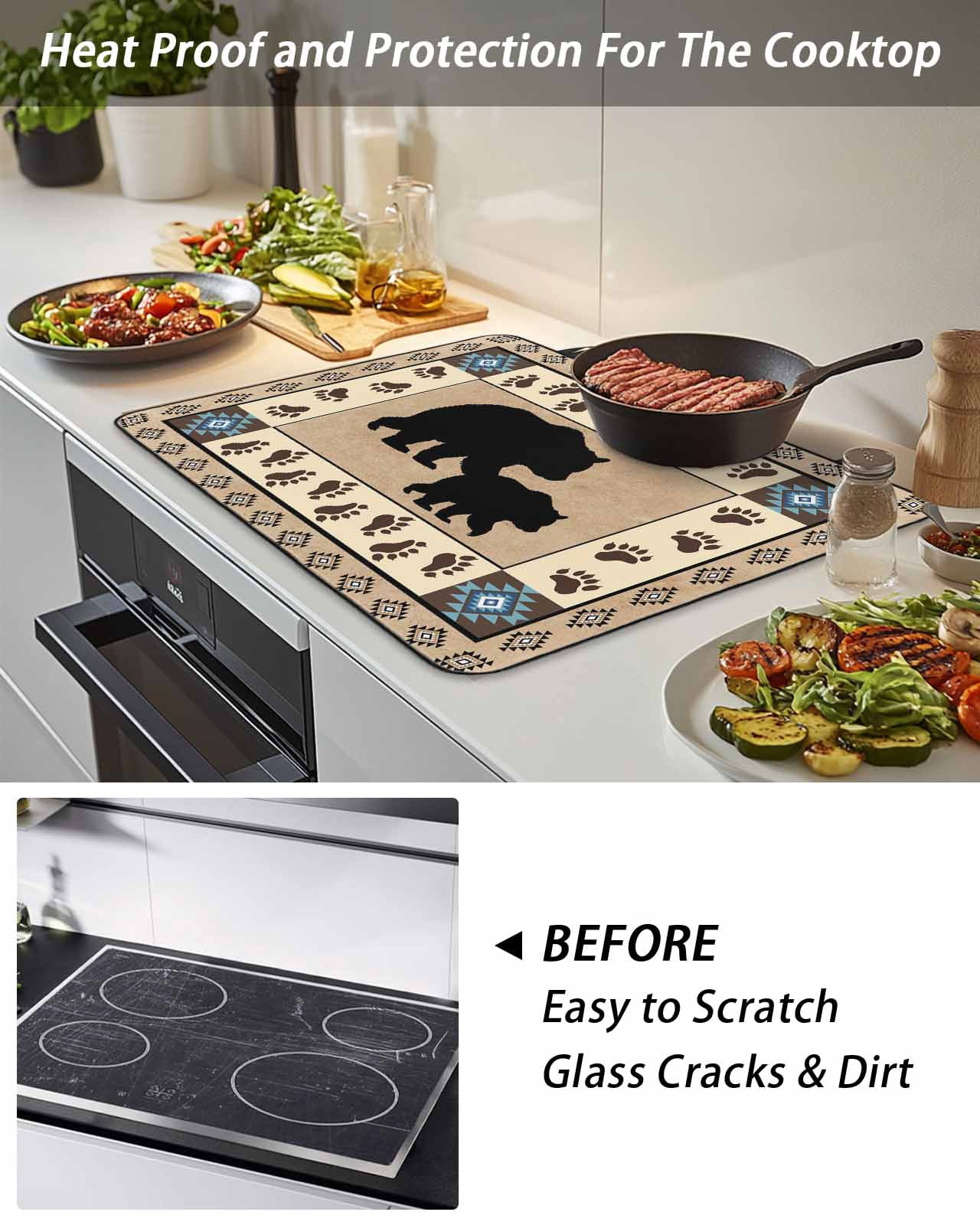 Stove Top Covers for Electric Stove, Farmhouse Bear Glass Stovetop Cover Protector, Country Vintage Animals Paw Print Brown Induction Cooktop Protector Oven Mat for Kitchen Countertop 24"x21"