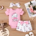 thumbnail image 2 of Xudanell Newborn Baby Girl Clothes Birthday Girls Outfits with Elephant Print 3 Pieces Short Sleeve Romper Top Shorts Headband Set Pink 9-12 Months, 2 of 6