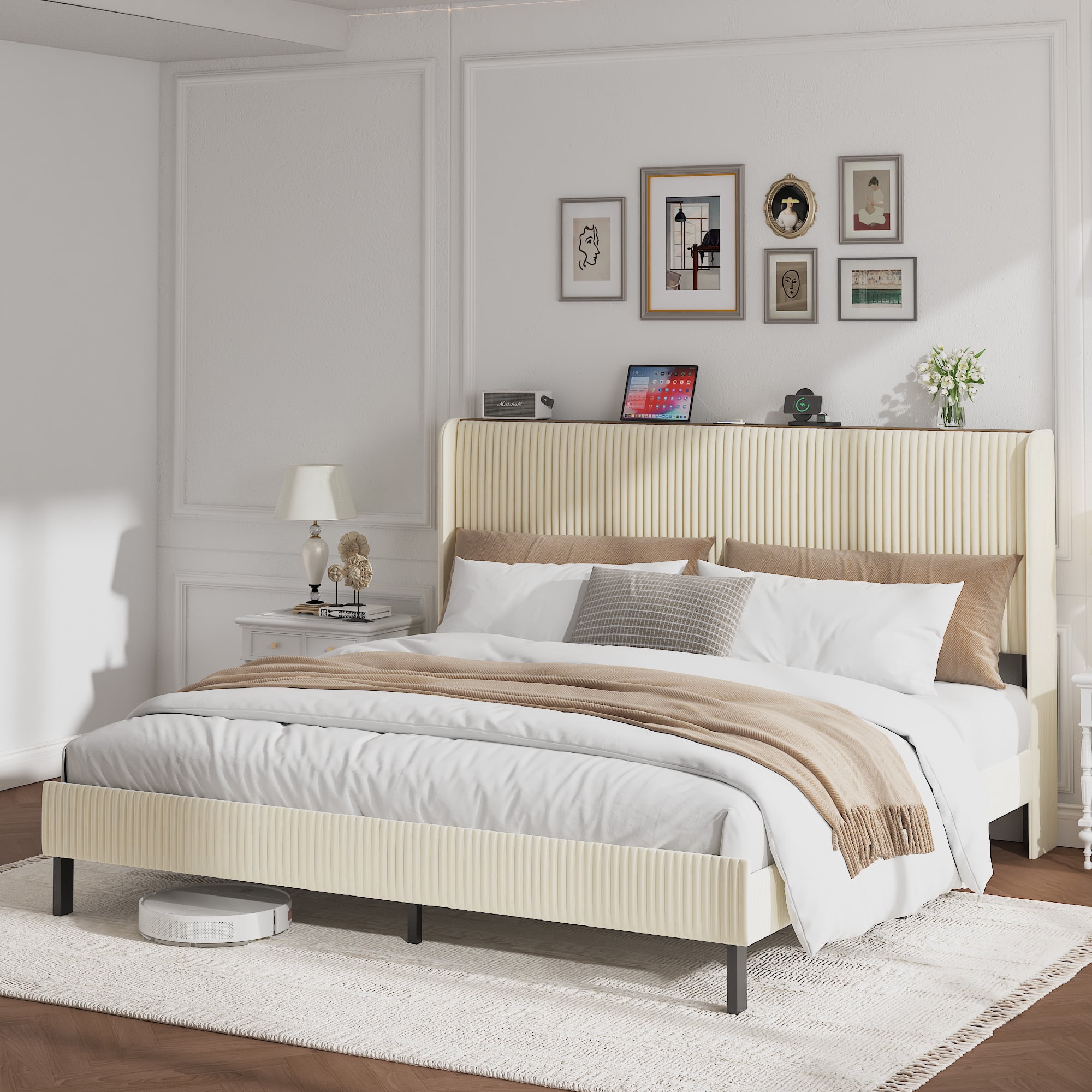 King Size Bed Frame with Headboard & Charging Station,Upholstered Platform King Bed Frames,Noise Free,Easy Assemble,Beige