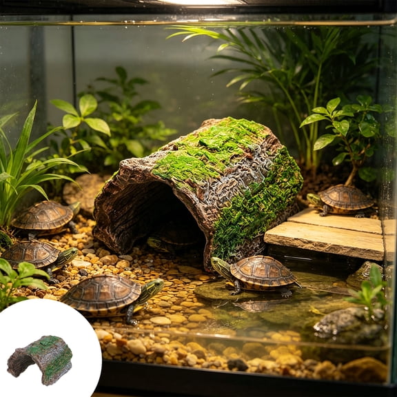 Qocolcyl Reptile Hideout Cave, Resin Artificial Moss Tree Trunk Turtle Basking Shelter, Aquarium Landscape Decor Climbing Ornament for Turtles Lizards Amphibians Paludarium