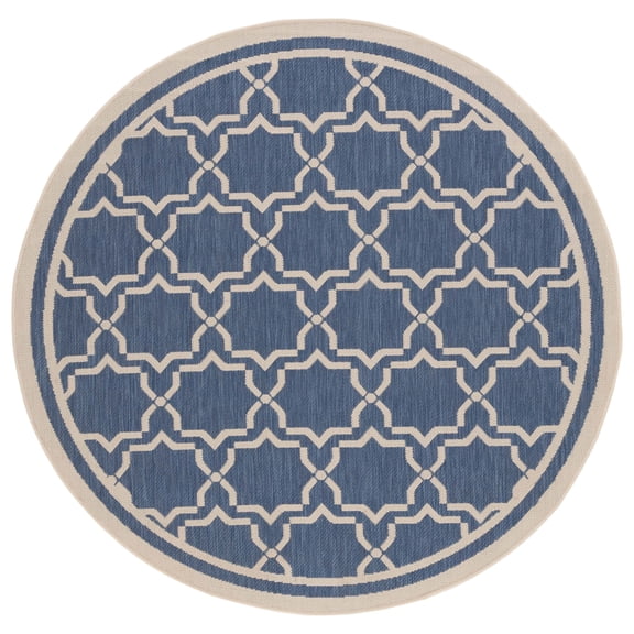 SAFAVIEH Courtyard Allison Geometric Bordered Indoor/Outdoor Area Rug, 5'3" x 5'3" Round, Blue/Beige