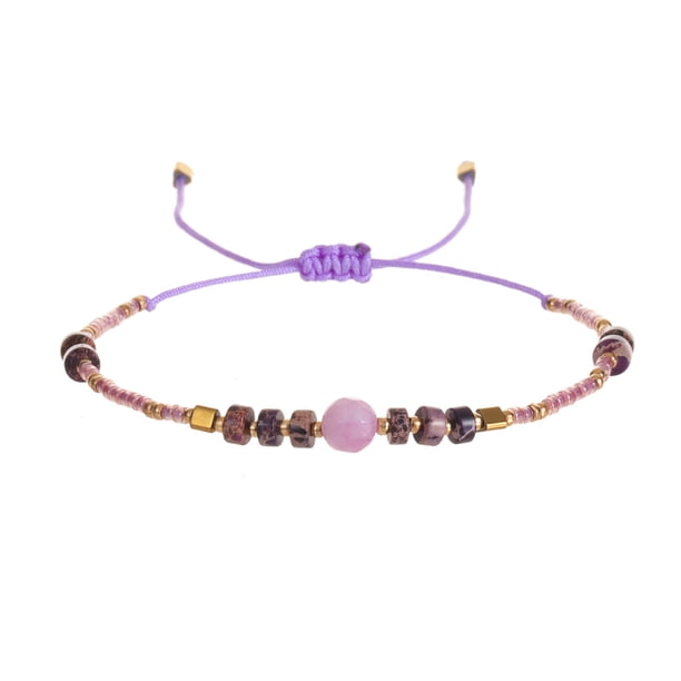 Nvzi Pulseras de cuentas de piedra hechas a mano para mujer, lindas cuentas de piedra de semilla, pulsera de cuerda ajustable, regalos de joyería de playa de verano, púrpura