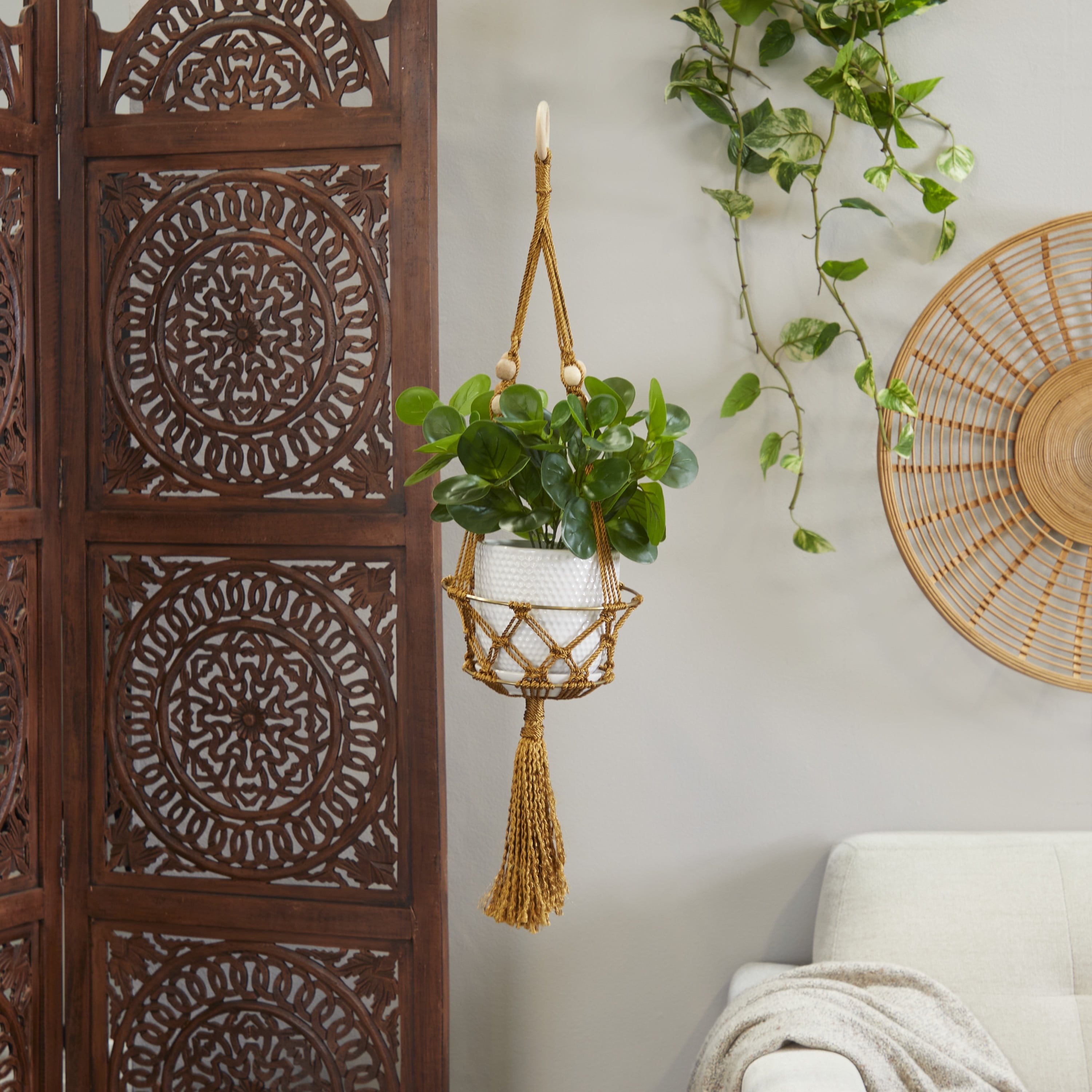 DecMode 8" x 8" x 29" Round Brown Fabric Handmade Hanging Macrame Wall Planter