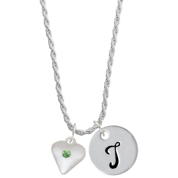 Delight Jewelry Silvertone Large August - Lime Green Crystal Heart Silvertone Script Initial Disc - T - Charm Necklace, 20"+3"
