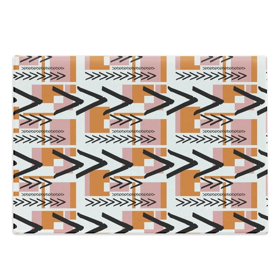 Geometric Cutting Board, Hand Drawn and Grunge Looking Arrows Rectangles and Squares, Decorative Tempered Glass Cutting and Serving Board, Large Size, Orange Pale Pink Black, by Ambesonne