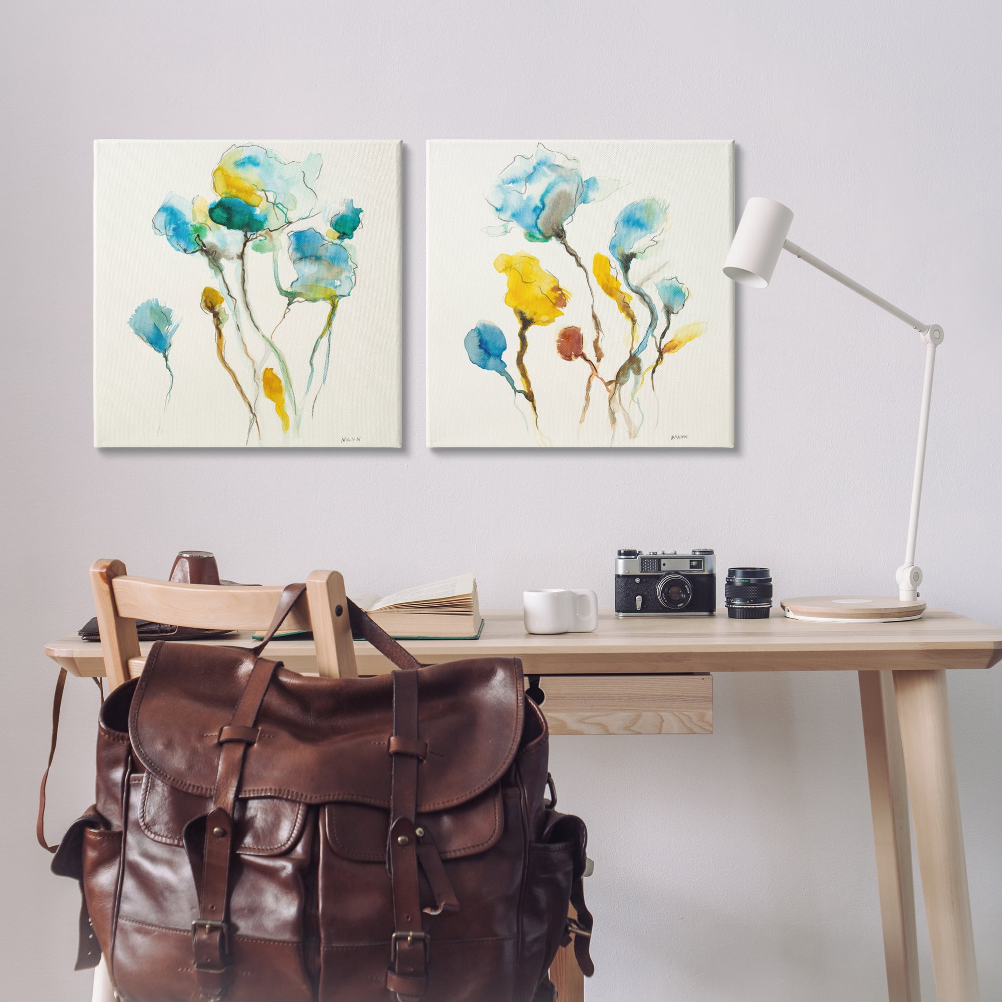 Stupell Industries Watercolor Teal & Yellow Flowers Abstract Painting Wrapped Canvas Art Print Wall Art, 24 x 24, Set of 2