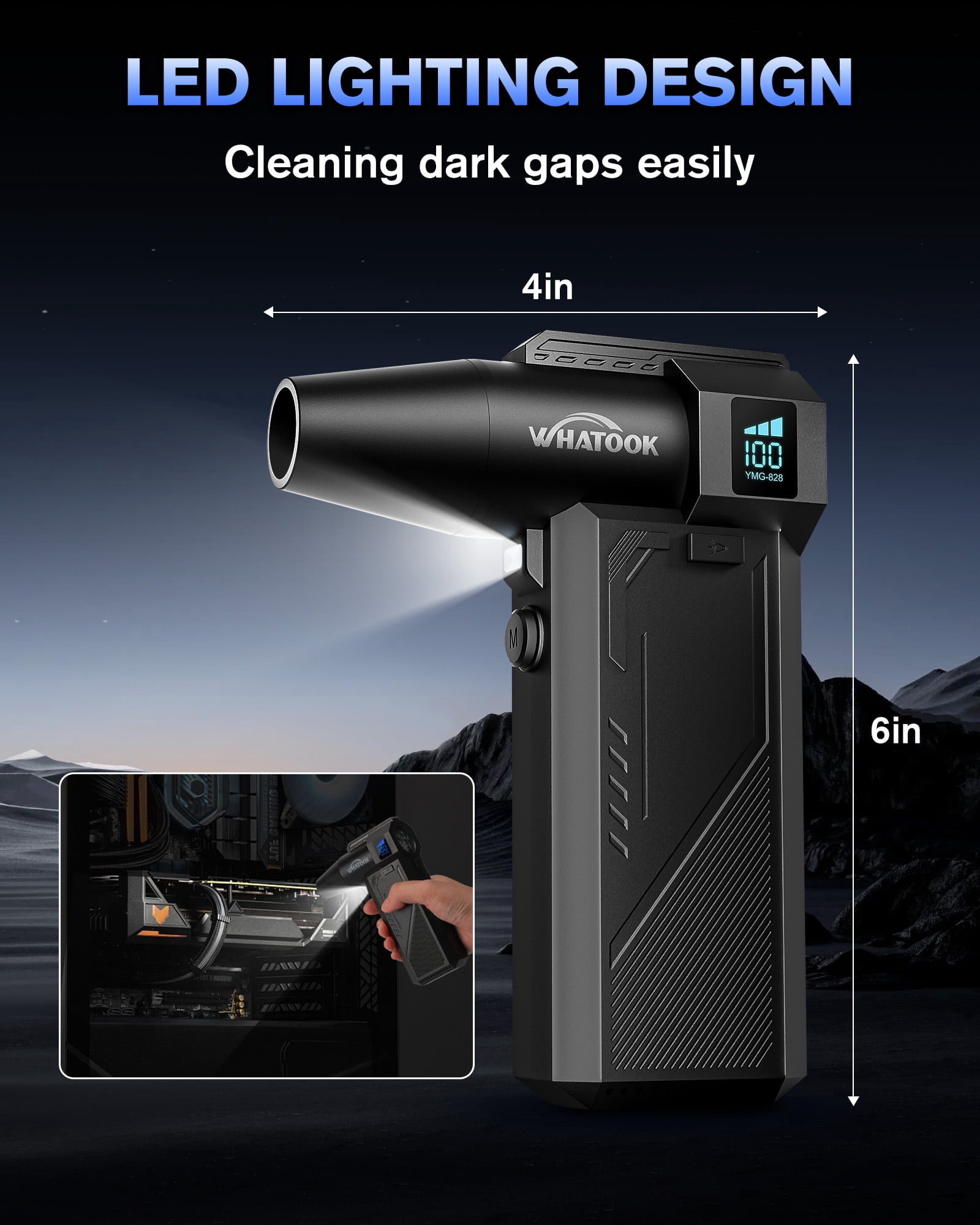 Compressed Air Duster,250000RPM Cordless Electric Air Blower,3-Gear Adjustable Power Dust Cleaner with Digital Display & LED lights,for Car,Computer,Laptop,Keyboard Cleaning