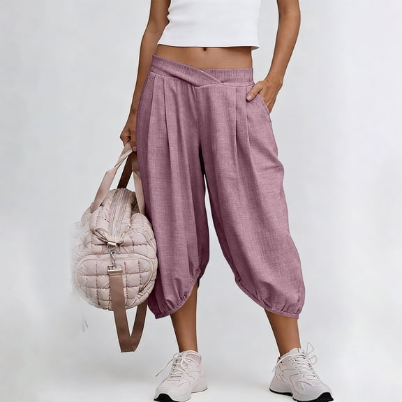 Maqroz Capri Pants for Women Loose Fit Elastic Waist Casual Cropped Trousers with Pockets Lightweight Cotton Linen for Summer Beach Vacation