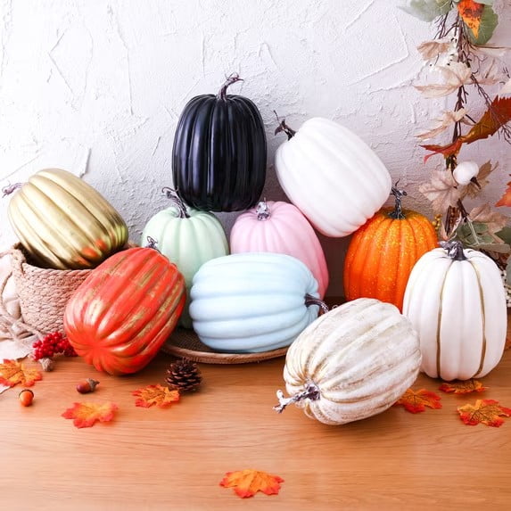 Rdausd 8 Inch Large Artificial Pumpkin Fall Decorations, Realistic Fake Harvest Pumpkin, Orange Gold Decorative Pumpkins for Table Centerpieces, Fall, Thanksgiving & Halloween DIY