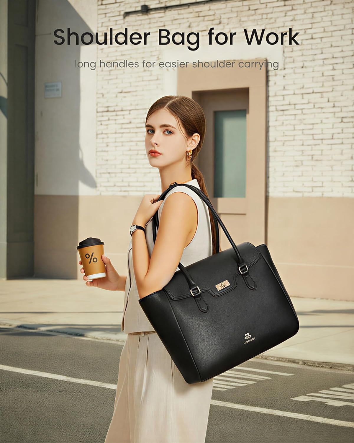 LOVEVOOK Laptop Bag for Women Soft Leather Work Bag, Office Shoulder Tote Purse Professional Briefcase with Flap Design