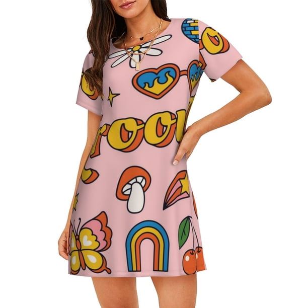 Balery Retro 70s Hippie Camisón de manga corta con cuello redondo para mujer, cómodo y elegante.
