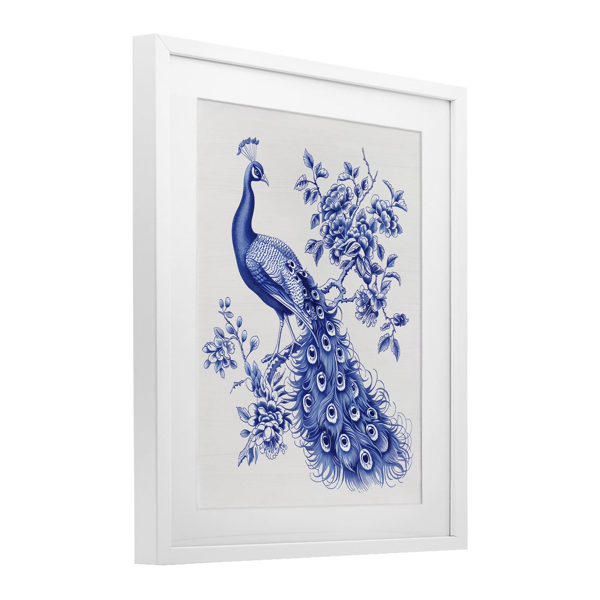 Vintage Peacock in Toile Style White Framed Print Under Glass, design by Lettered and Lined