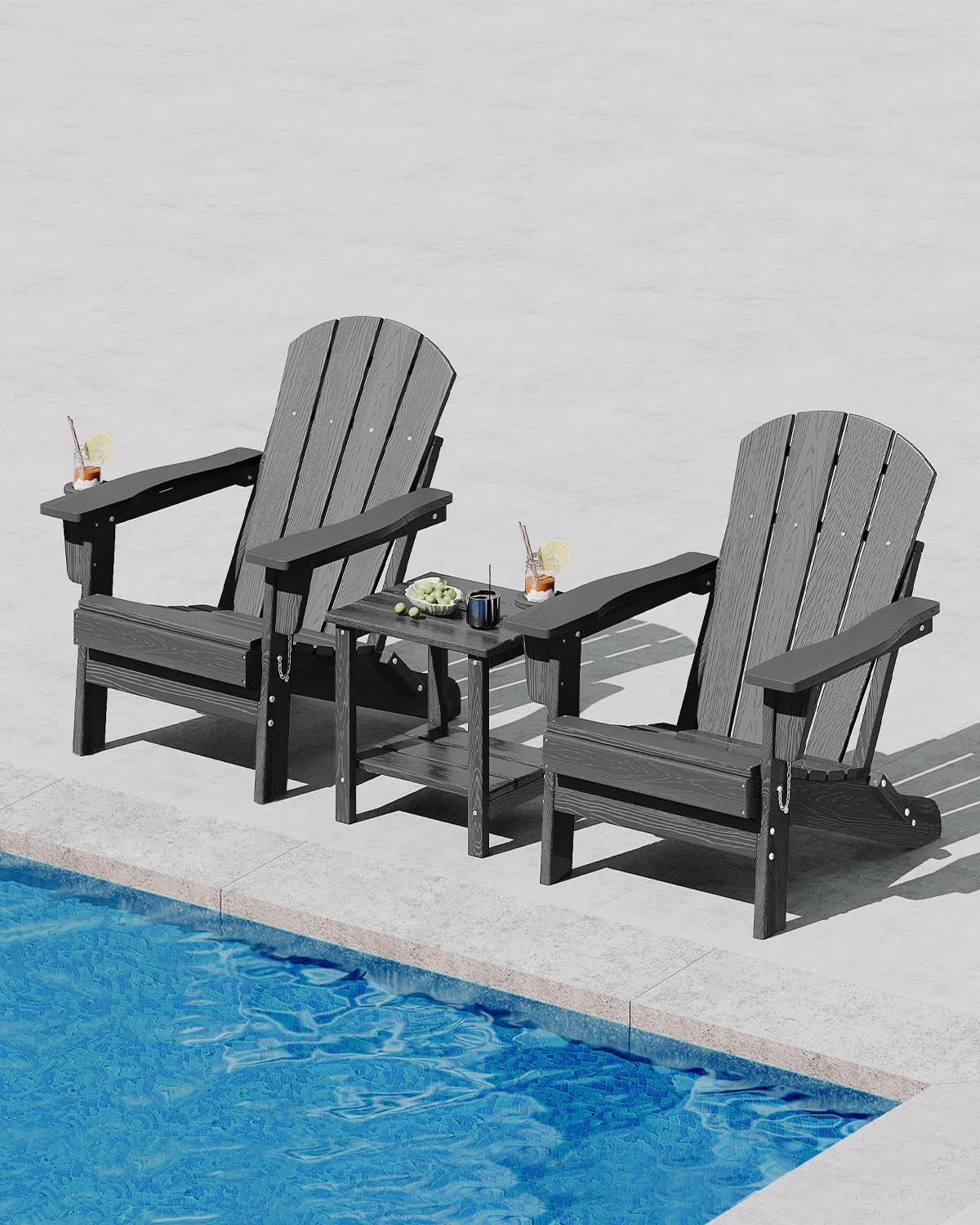 Ataucjin All-Weather HDPE Folding Adirondack Chairs Set of 2，Wood Grain Texture & Cup Holders, Collapsible, Plastic, Outdoor Patio Furniture for Garden, Deck, Fire Pit