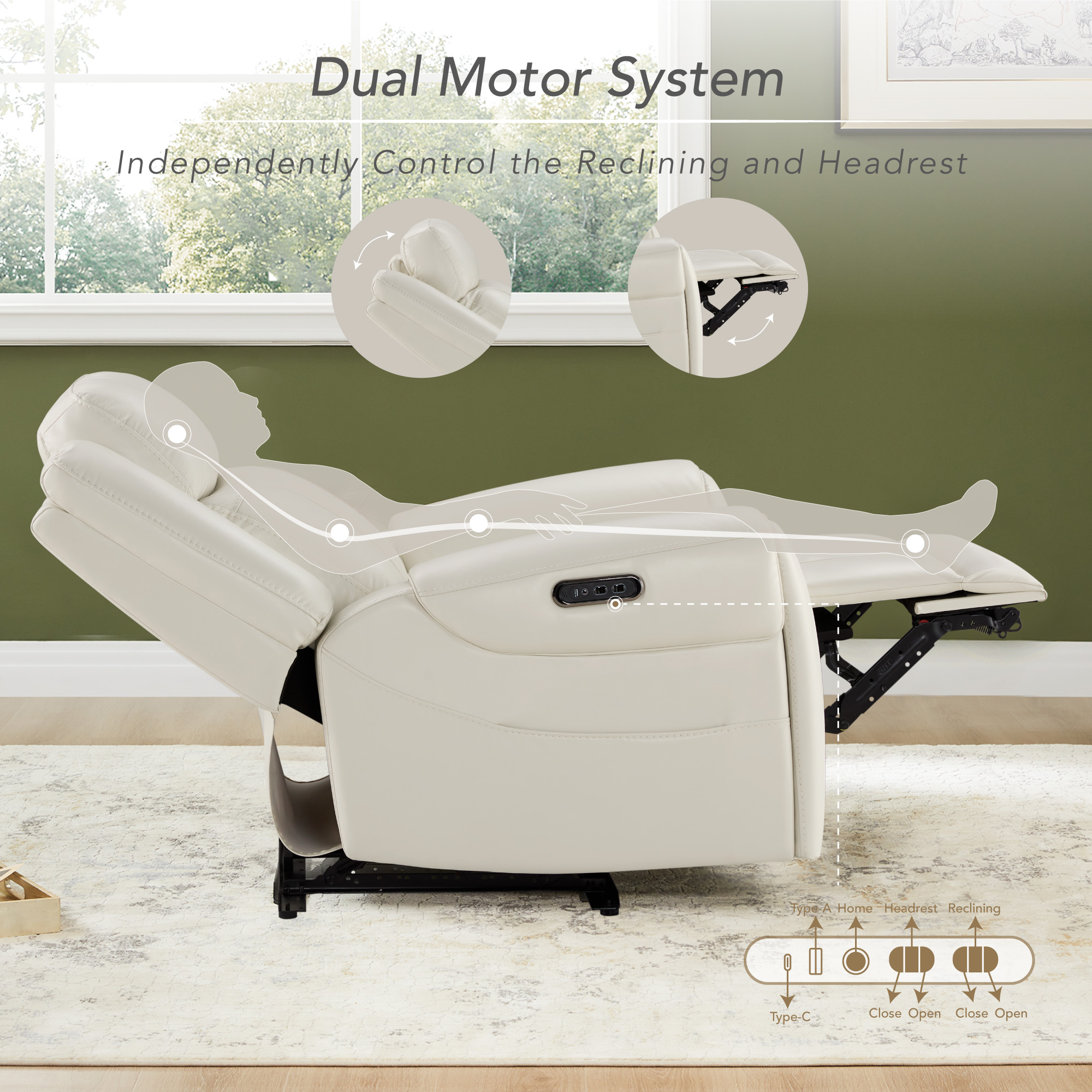 Spruce & Spring Wall Hugger Genuine Leather Power Recliner with Headrest, Cream