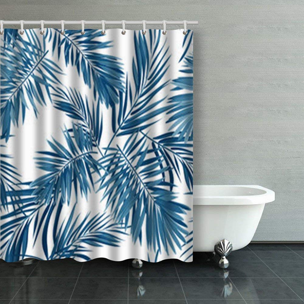 ARTJIA Seamless Indigo Blue Pattern Monstera Vintage Palm Leaves Shower