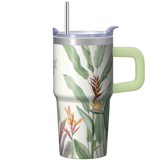 20oz Coffee Mug with Handle & Straw, Floral Insulated Travel Tumbler, Chinoiserie Pattern for Women, Birthday Gift