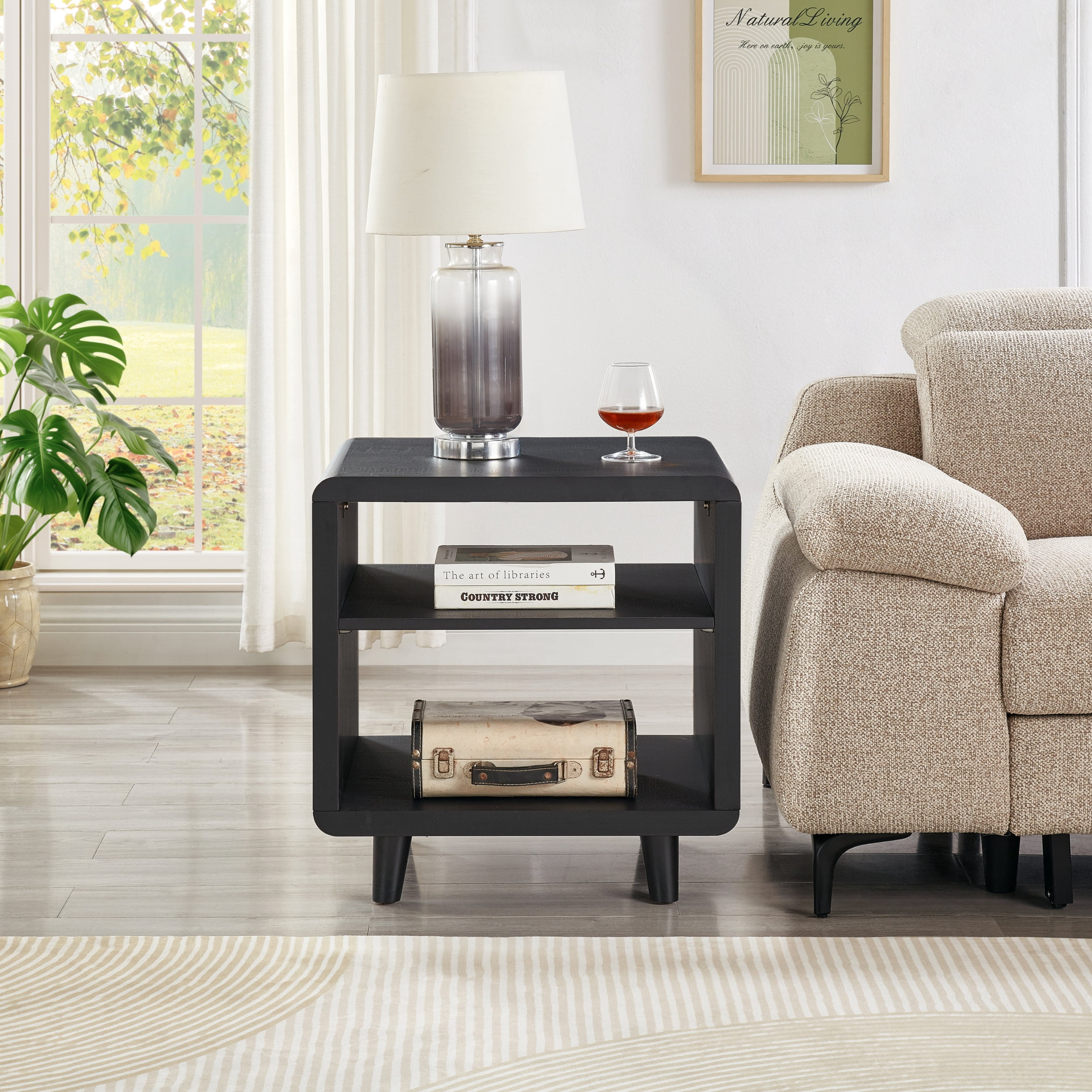 Roundhill Furniture Lux Modern Wood Shelf Side Table, Bedside Nightstand, Black