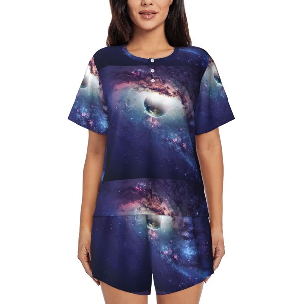 Fotbe Planets Stars And Galaxies Conjunto de Pijama Estampado para Mujer, 2 Piezas, Ropa de Dormir con Camiseta de Manga Corta y Shorts Suaves-XX-Large