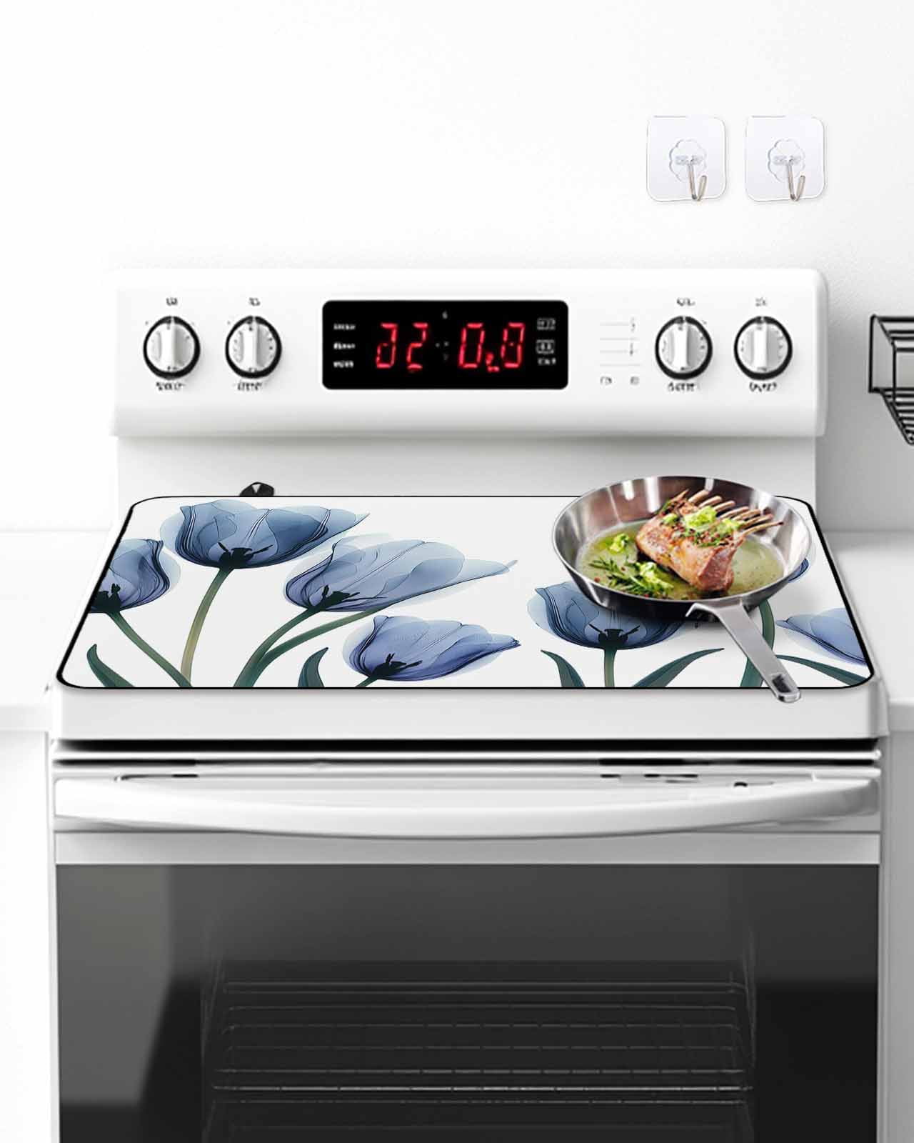 Stove Top Covers for Electric Stove, Blue Spring Floral Glass Stovetop Cover Protector, Tulip Blooming Summer Botanical Induction Cooktop Protector Oven Mat for Kitchen Countertop 24"x21"