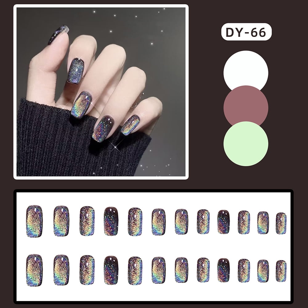 Black Laser Artificial Nails Rainbow Cat Eye Fake Nails Medium Style Fake Nails Classic Square 2390