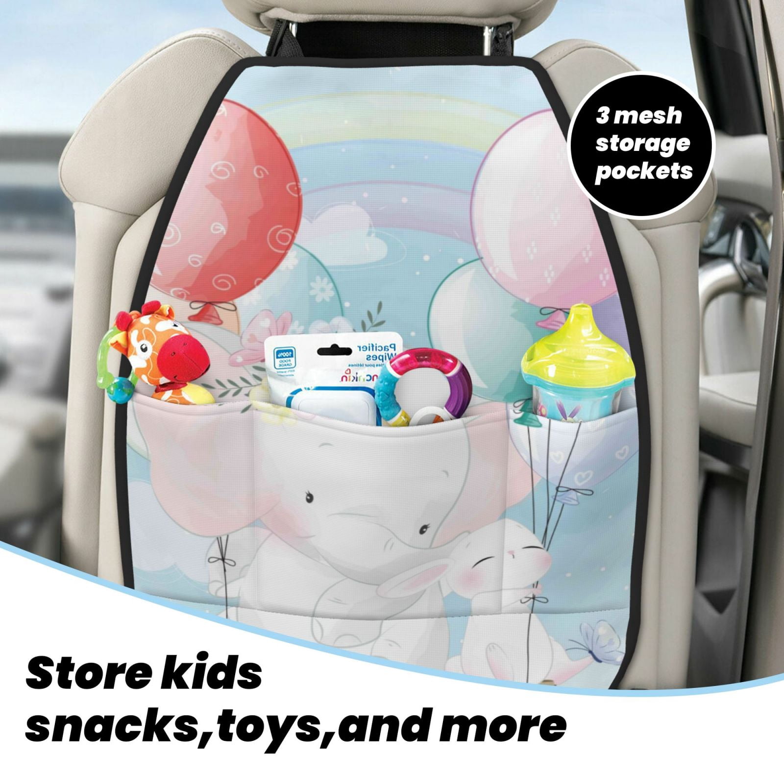Kdxio Cute Elephant Print 2 Pack Car Kick Mat Seat Cover Back Protector Mat with Pockets for Organizer Backseat Protector and Storage Anti Kick Pad for Vehicles