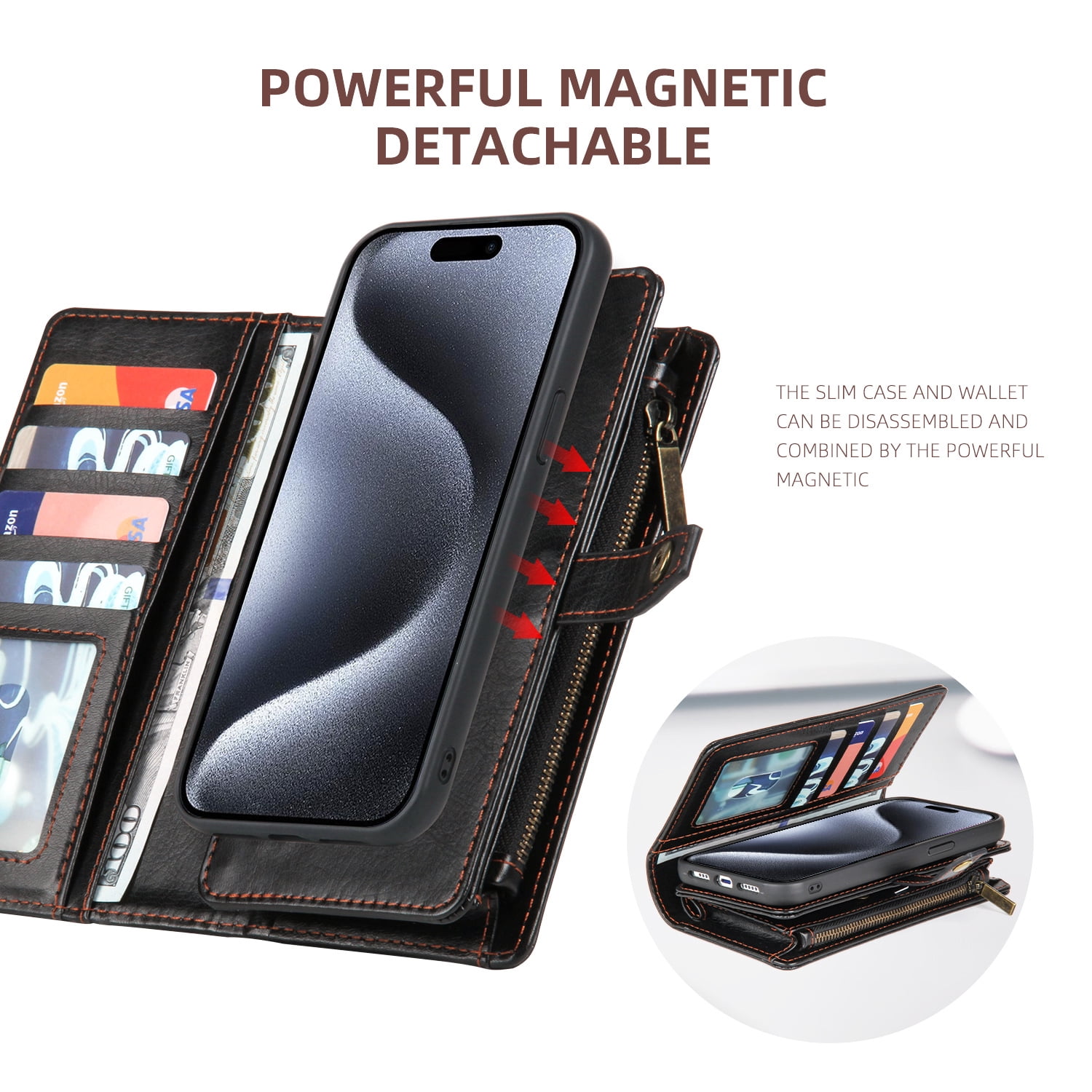 2 In 1 Wallet Phone Case for Apple iPhone 13, Detachable Magnetic Back Cover with Cards Holder Zipper Pocket Hand Wrist RFID Blocking Snap Closure Shockproof Case for iPhone 13, Black