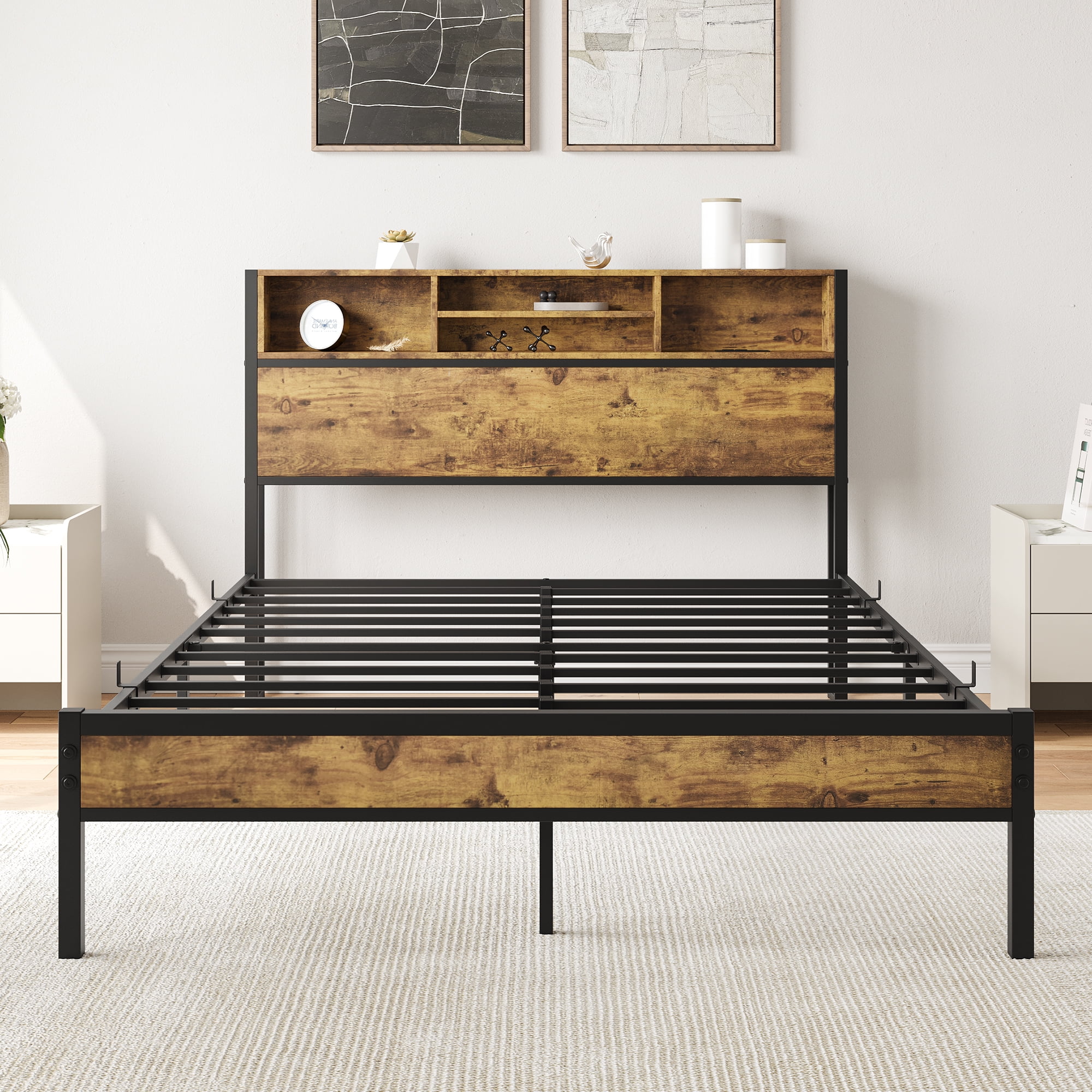 MAYEERTY Black Full-Size Metal Platform Bed: Storage Headboard, Charging Station & Bookcase Storage​