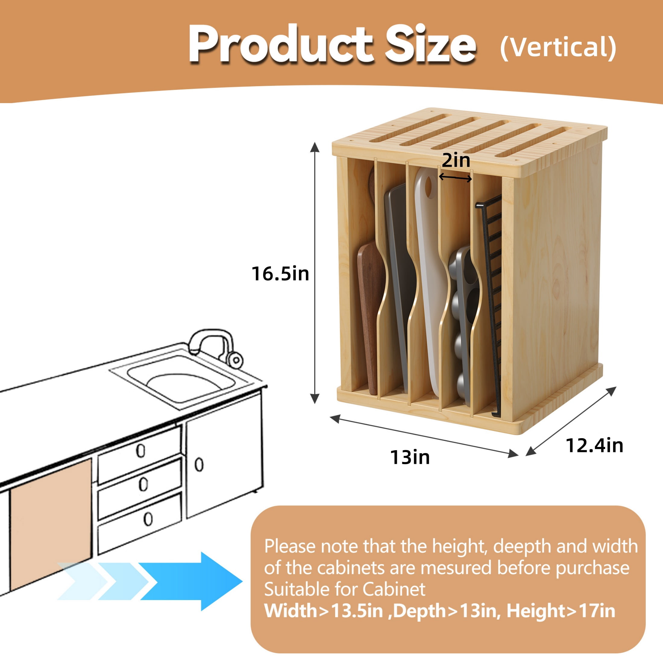 Gtouse Wooden Cabinet Tray Dividers, 6 Tier Kitchen Cookie Sheet Organizer for Pots, Pans, Baking Tray, Cutting Board