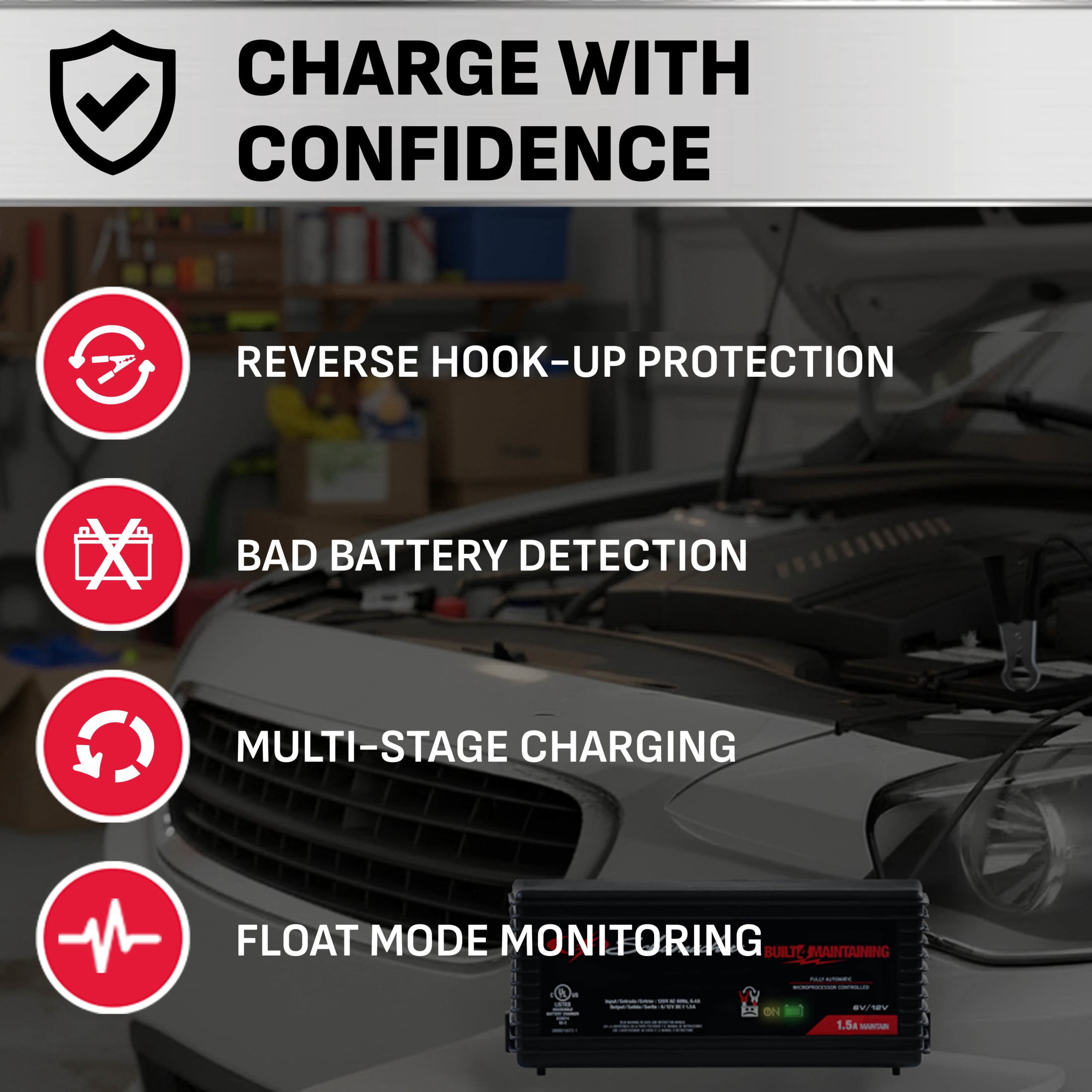 Schumacher Electric 1.5A Car Battery Charger and Maintainer, 3-in-1 Solution, For 6V/12V Power Sport, Automotive, and Marine Batteries, SC1355