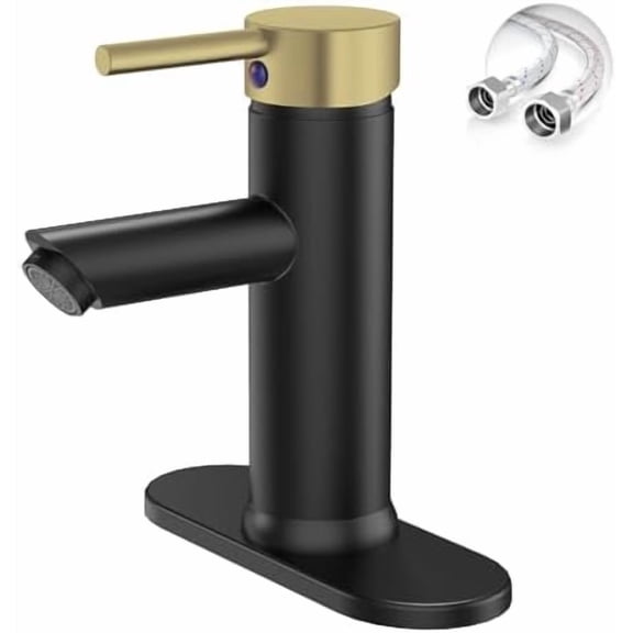 Black and Gold Bathroom Sink Faucet, Single Handle One Hole Bathroom Faucets Vanity Sink Faucet with Deck Plate and Supply Line,Brass
