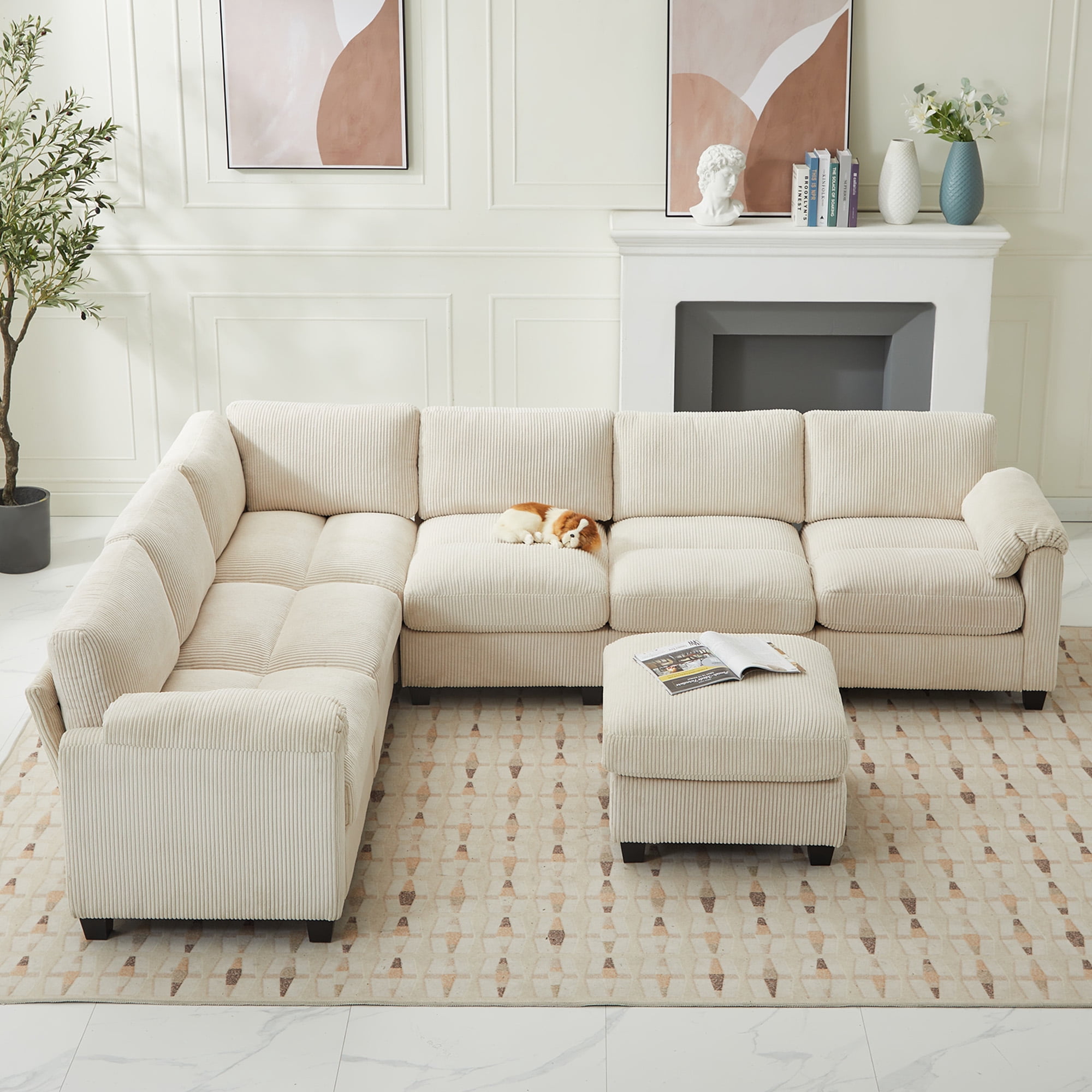 JUSTLET Oversized Modular Sectional Sofa, Oversized U Shaped Couch, Convertible Sleeper Sofa, 7 Seat Sofa with Chaise, Deep Seat Comfy Cloud Couch with Ottoman for Living Room, Corduroy, Beige