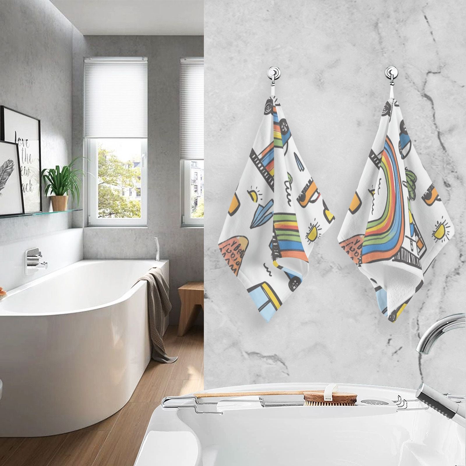 Cars Doodle Rainbows Hand Towels Cotton Bath Towels Large Face Towels Absorbent for Bathroom 2 Packs