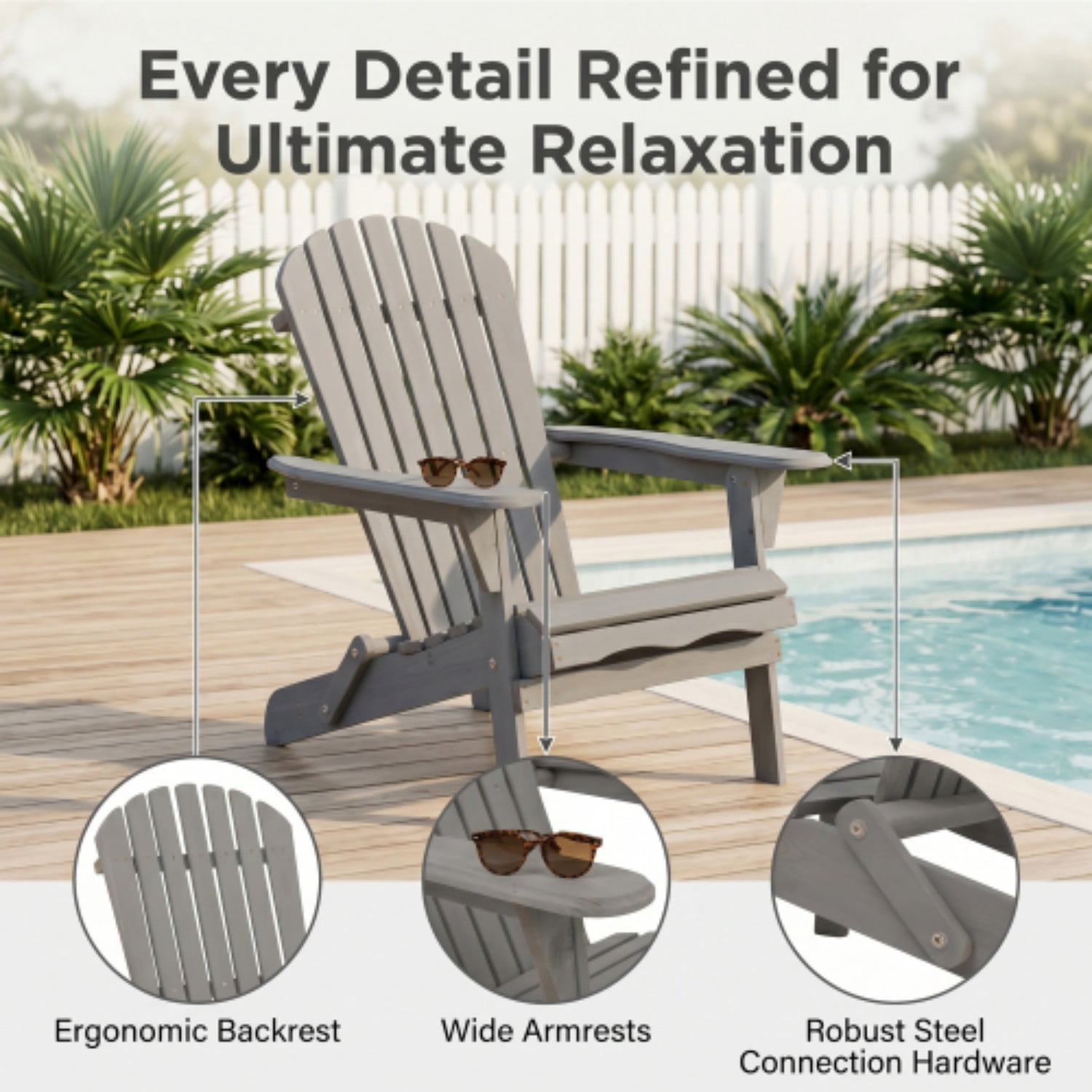 Adirondack Chairs Set of 2, Outdoor Wooden Folding Patio Chairs with Pre-Assembled Backrest, Hemlock Wood Chairs for Garden, Porch, Pool, Deck, Grey