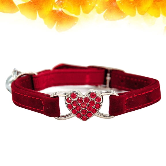OUNONA 1Pc Adjustable Red Cat Collar Heart Shaped Rhinestone Pet Neck Chain with Bell
