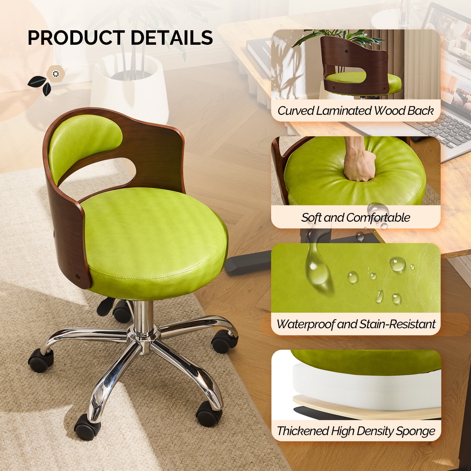 Ktaxon Office Computer Desk Chair with Rolling Wheels, Vanity Stool with Faux Leather Seat, Adjustable Task Chair for Study Make-up Dressing Green