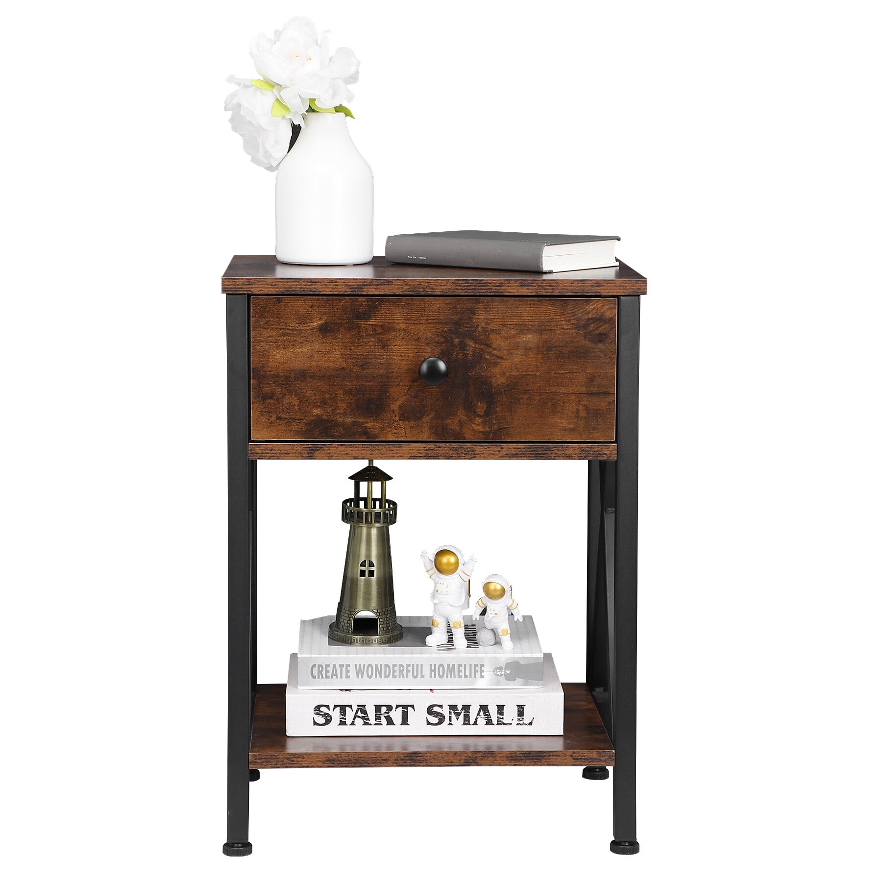 ZenSports 2 Pack Wood Grain End Table Retro Industry Side Table W/ Drawer, Rustic Brown