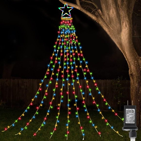 Christmas Star Lights Outdoor,317 LED Waterfall Tree Light with Topper - 8 Modes String Lighting for Indoor Outdoor Christmas Decorations,Yard,Porch,Holiday Party (Multicolor)