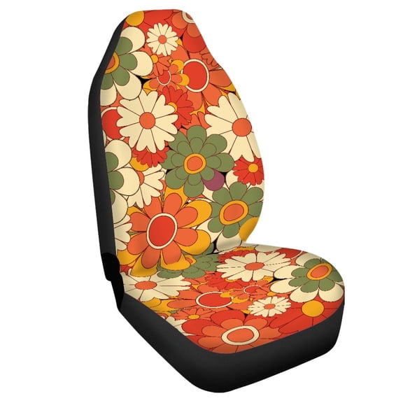 chaqlin Seat Covers for Cars Durable Polyester, Compatible with Car Interior, Fit for Vans Pickup Trucks, Retro 70s Floral Print