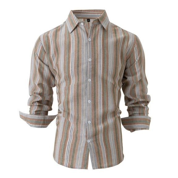 ohmzyzo Men's Vertical Striped Dress Shirt Cotton Linen Button Down Top Lapel Collar Long Sleeve Blouses for Men Slim Fit Colorblocked Top Brown XXL