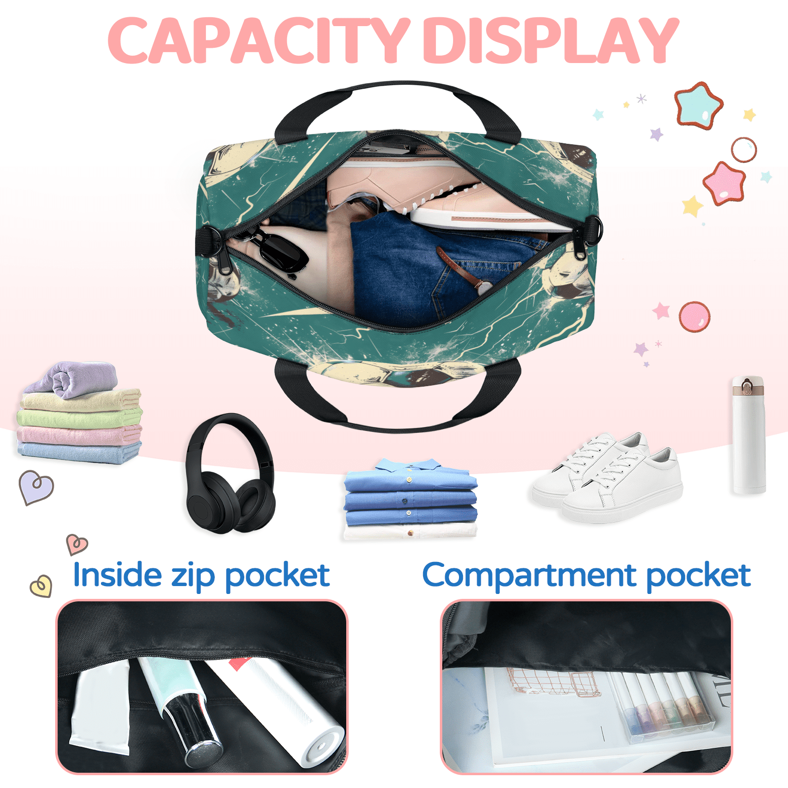Herdesigns Sports Soccer Gym Bag for Women, Duffle Bag for Travel Sport, Lightning Lightweight Waterproof Carry on Weekender Dance Yoga Workout Bags