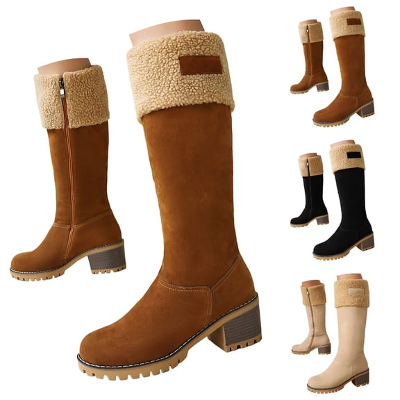 Pandaie Winter Boots for Women Chunky Heel Suede Snow Knee High Boots Comfortable Fleece Lined Pull on Warm Outdoor Shoes Beige 5.5