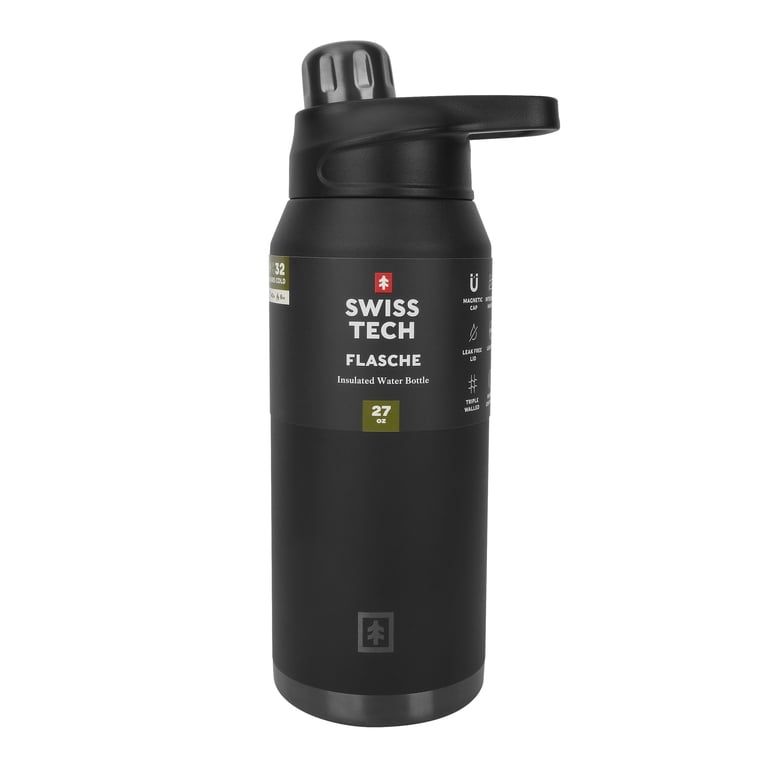 Swiss Tech Flasche Black 27oz Magnetic Cap Water Bottle, Triple-Wall Stainless, BPA-Free