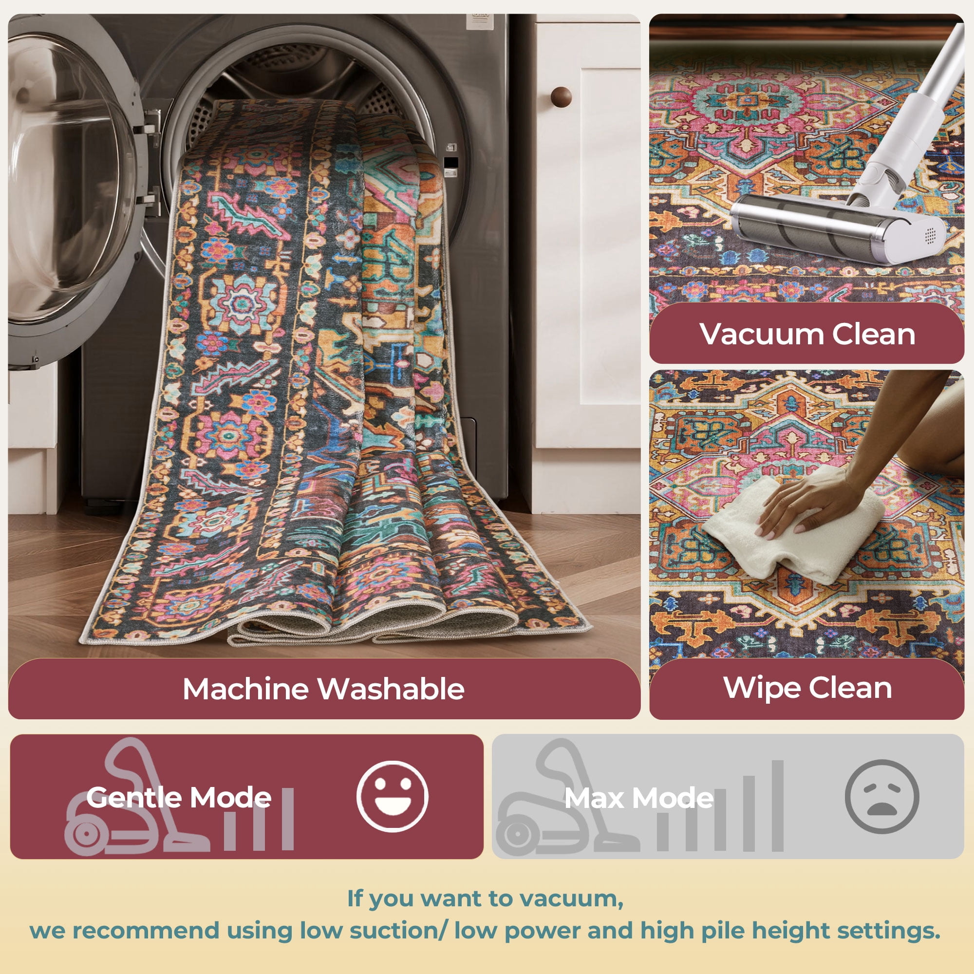 Kokia 6x9 Vintage Oriental Area Rug for living Room, Black and Pink Low Pile Stain Resistant Non-Slip Washable Rug for Bedroom with Distressed Medallion Pattern