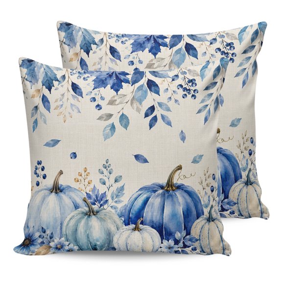 Blue Thanksgiving Throw Pillows 16x16 Set of 2, Retro Fall Pumpkin Eucalyptus Maple Leaf Waterproof Outdoor Pillow Covers with Insert, Decorative Pillowcase Cushion for Couch, Sofa, Bed, Patio