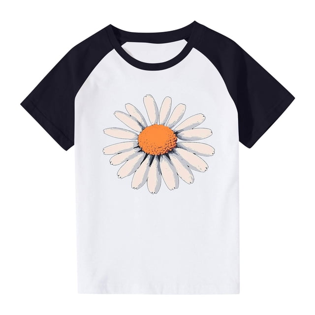 Zpanxa T-Shirts pour Tout-Petites Fille Été Imprimé Col Rond Manches Courtes Blouse d'École T-Shirt Imprimé avec Polyester Spandex 9 Ans