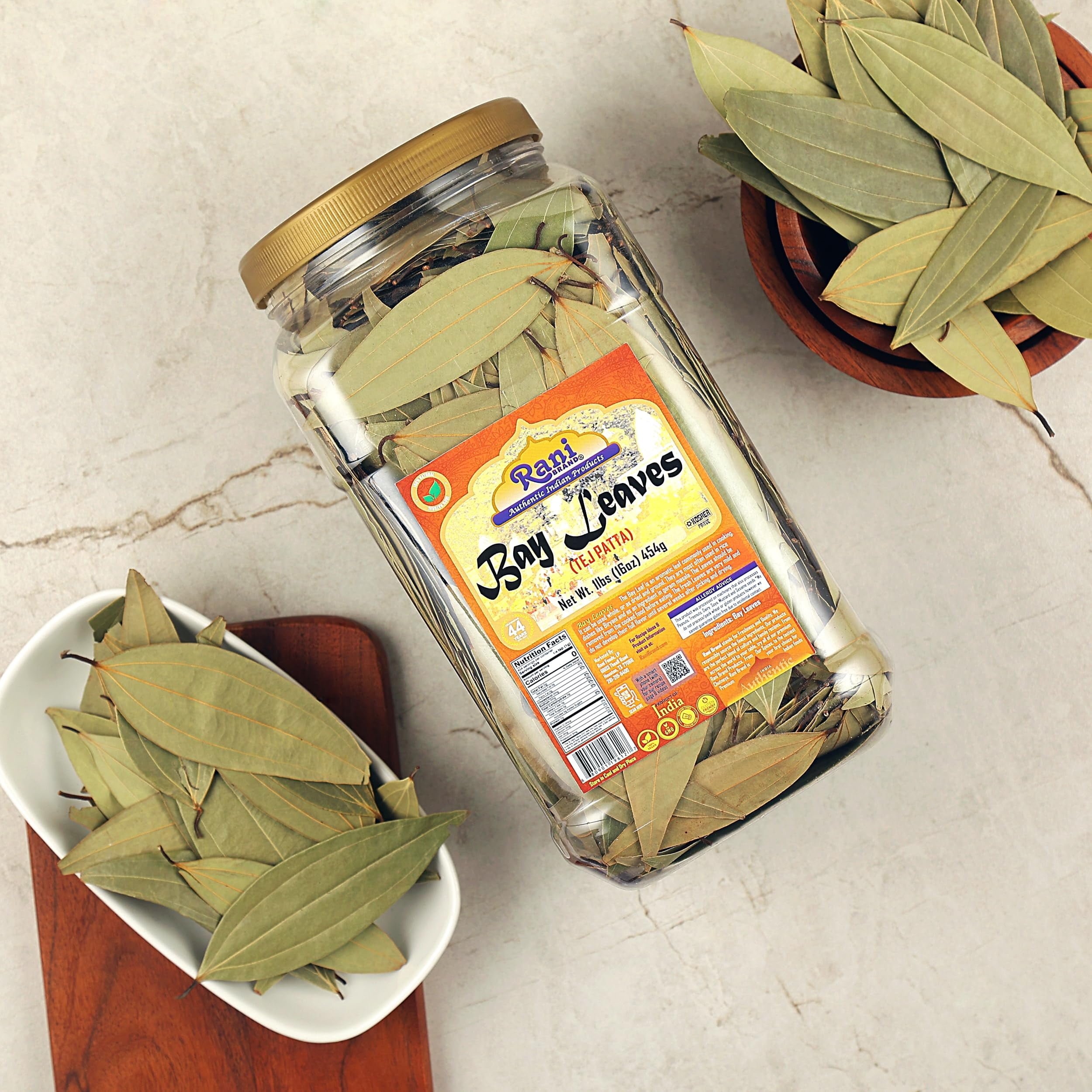 Rani Bay Whole Leaf (Leaves) Spice Hand Selected Extra Large 16oz (1lb) 454g Bulk PET Jar ~ All Natural | Gluten Friendly | NON-GMO | Vegan | Kosher | Indian Origin (Tej Patta)