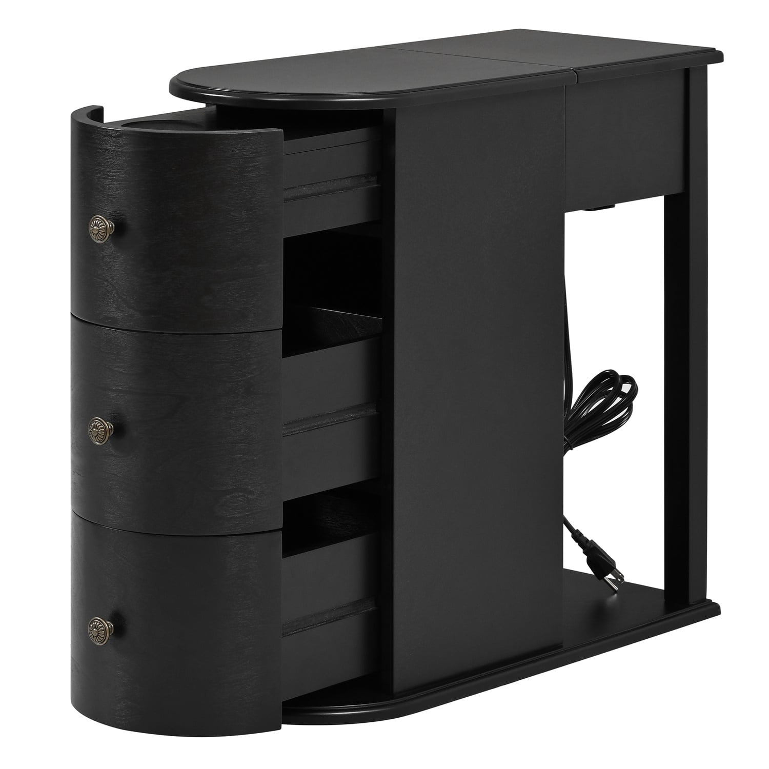 Hommoo Modern End Table with Hidden Dual Cup Holders, Built-in Charging Station, Pull-Out Side Table & 2 Deep Storage Drawers, Space-Saving Bedside Table for Bedroom and Living Room, Black