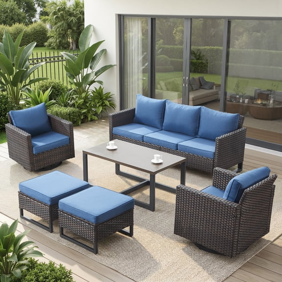 Opohoro 6 Piece Patio Furniture Set, Outdoor Sectional Conversation Set with Swivel Rocking Chairs, Sofa, Coffee Table & Ottomans, Brown Wicker with Blue Cushions