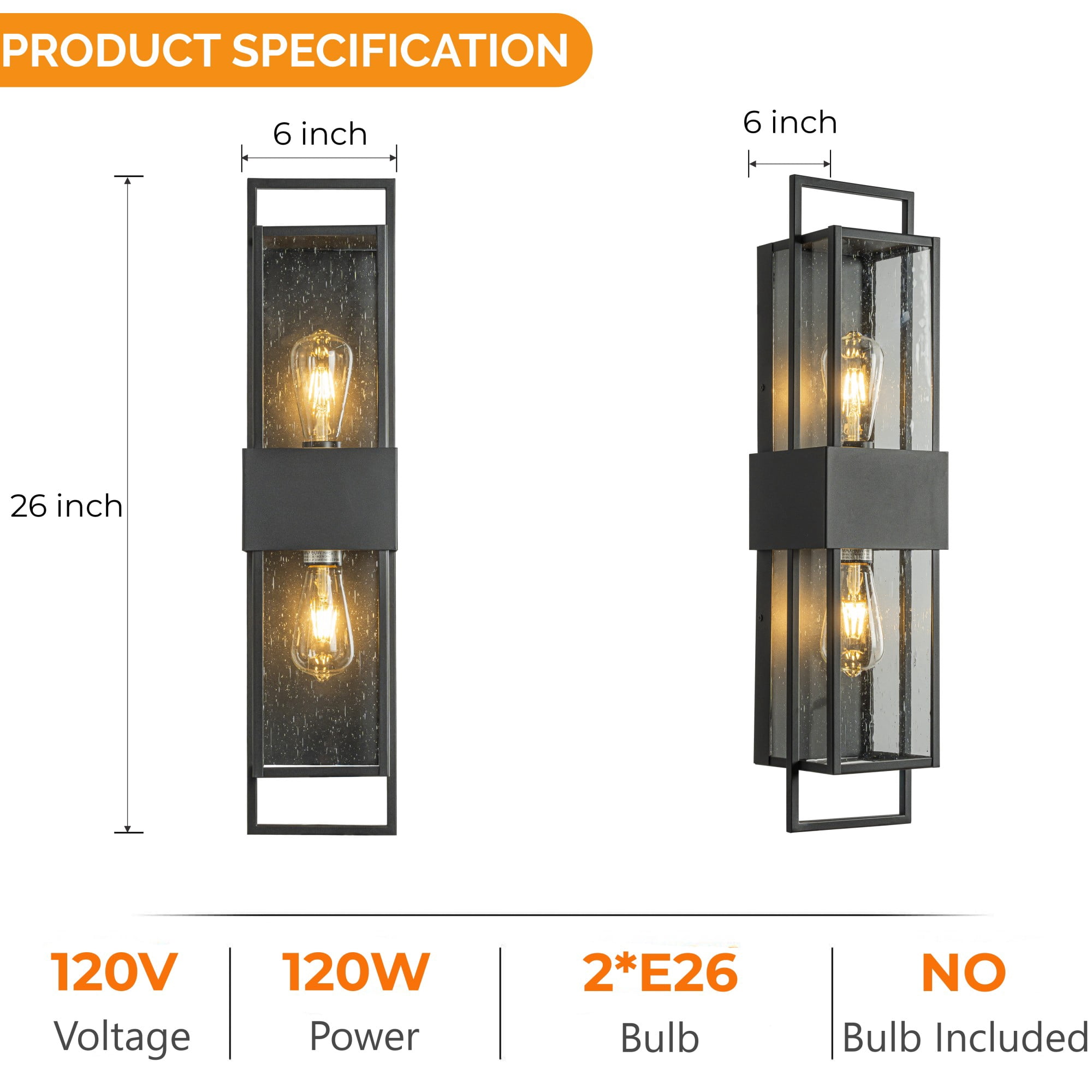 Modern Outdoor Wall Light with Dusk to Dawn Sensor H26'' Black Exterior Wall Lantern with Seeded Glass 2-Light Waterproof Sconce for Porch Garage Entryway Bulbs Not Included