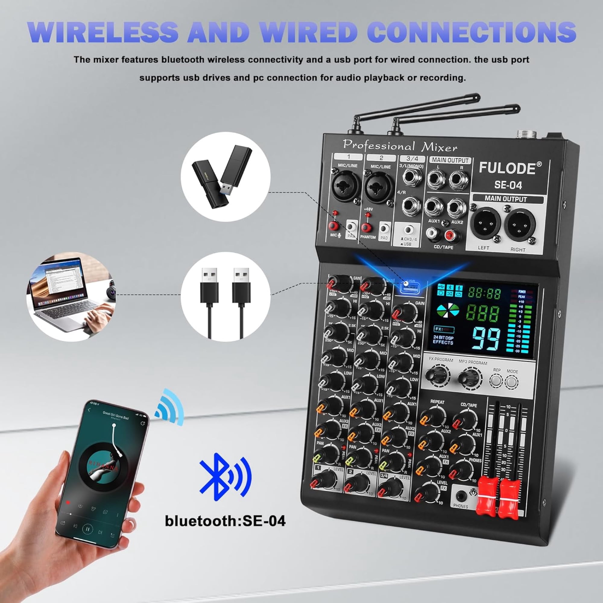 Audio Mixer, 4 Channel Sound Mixing Board With Dual Wireless Microphone & 99DSP, Professional DJ Console W/ MP3 Bluetooth 48V Phantom Power PAD USB Interface for Recording Home Karaoke Live Streaming